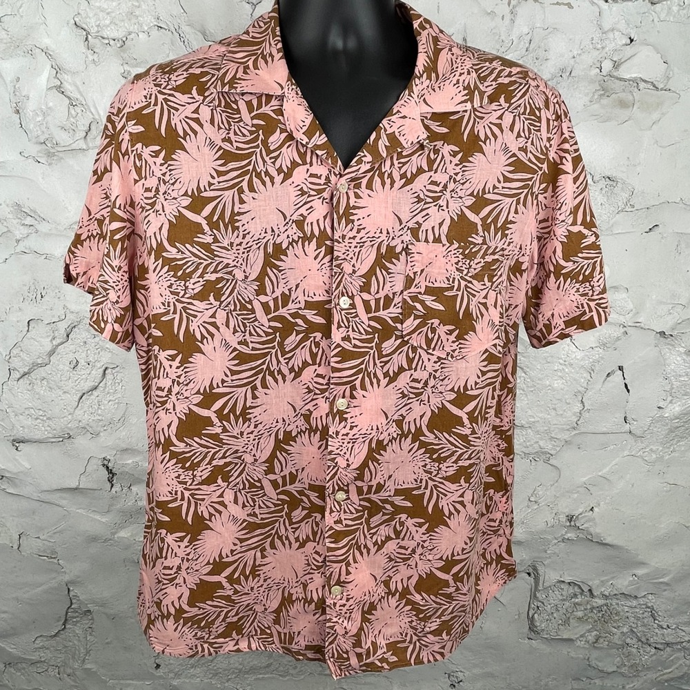Tintoria Mattei 954 Mens Italian Linen Floral Shirt Pink Brown Camp Size M